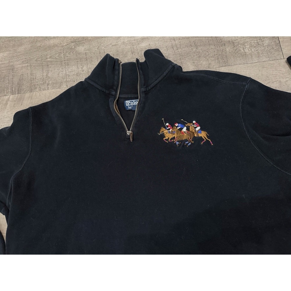 Vintage Polo Ralph Lauren 1/4 Zip Cotton Sweater Black Big Pony POLO Horses XXL‎ - Picture 2 of 5